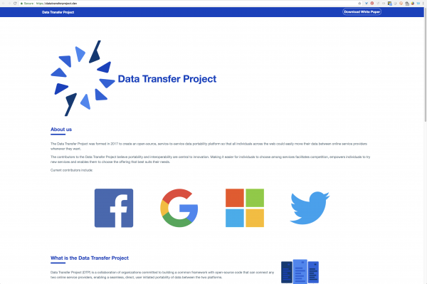 Data Transfer Project homepage screenshot