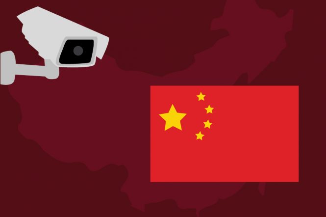 Concept illustration of a surveillance camera and a Chinese flag.