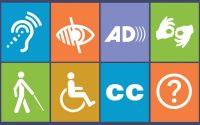 A series of icons that depict vision, hearing, and mobility represent digital and web accessibility