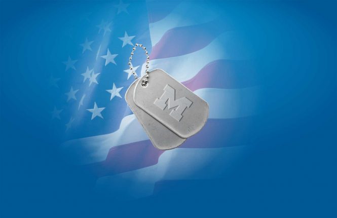Dog tags with block M, US flag in bg