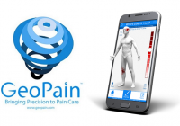 GeoPain logo with smartphone showing app