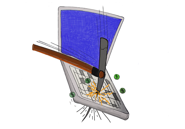 illustration of pickax hitting a laptop