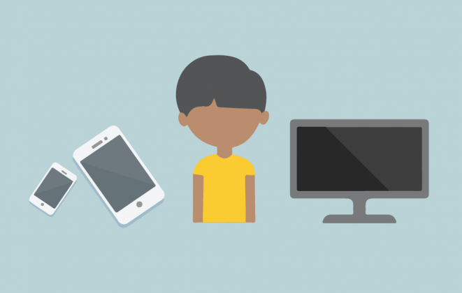 illustration of child with computer and mobile devices