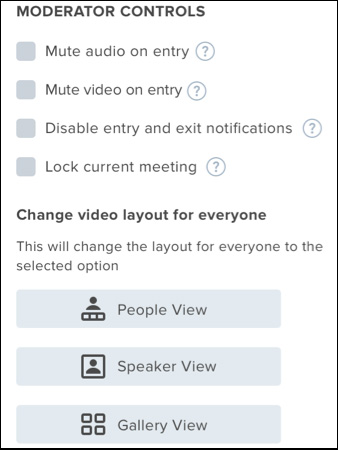 A screen shot of the BlueJeans 2.9 desktop app shows new moderator controls to mute video on entry and to change the video layout for meeting participants.