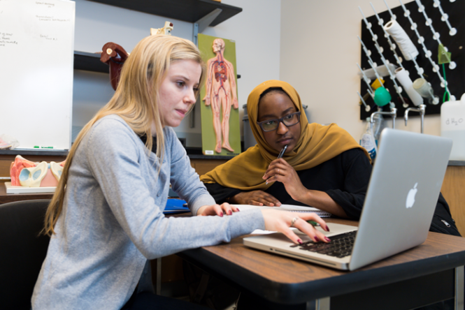 Two young women looking at laptop