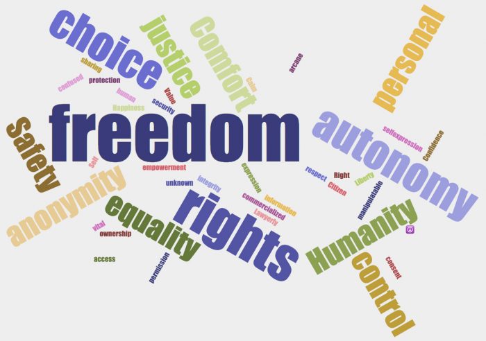 freedom, autonomy, rights, choice, equality, humanity, control, personal, confidence, safety, anonymity, justice, comfort, consent, permission, ownership, access, vital, self, empowerment, unknown, integrity, commercialized, information, expression, Citizen, respect, arcane, calm, value, security, human, protection, confused, sharing, happiness, self, sharing, liberty