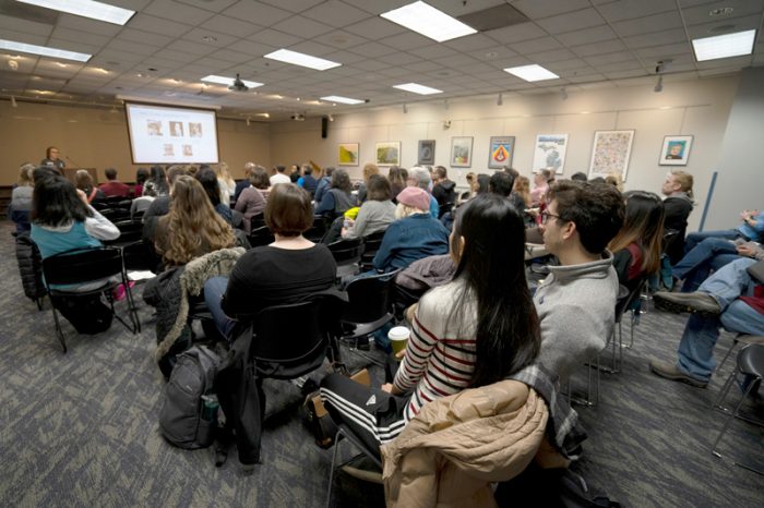 People gather to hear talks at World IA Day 2019 at Ann Arbor District Library