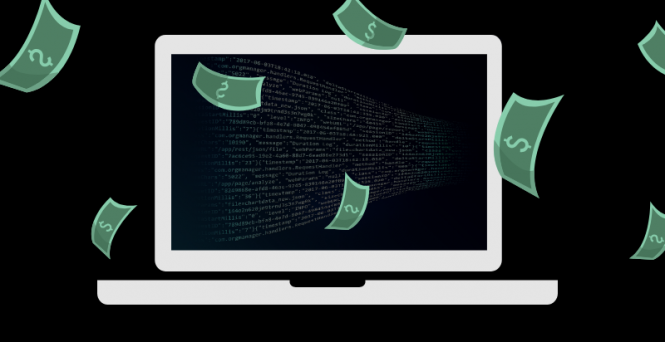 computer with money flying around it