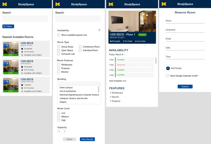 Screen shots of the U-M Study Space user interface