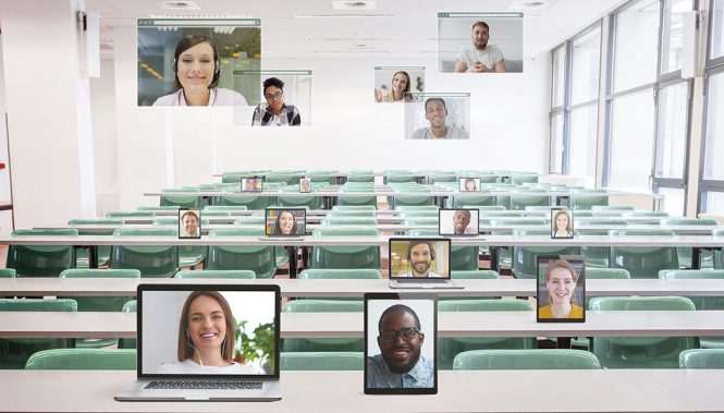 classroom with student faces displayed on various devices