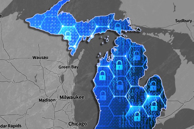 map of Michigan overlayed with images of locks