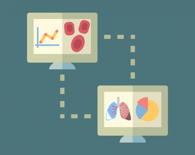 illustration of two computer screens show medical images
