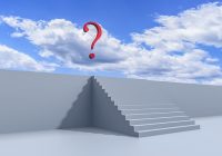 stairs with a floating question mark in a blue sky with clouds