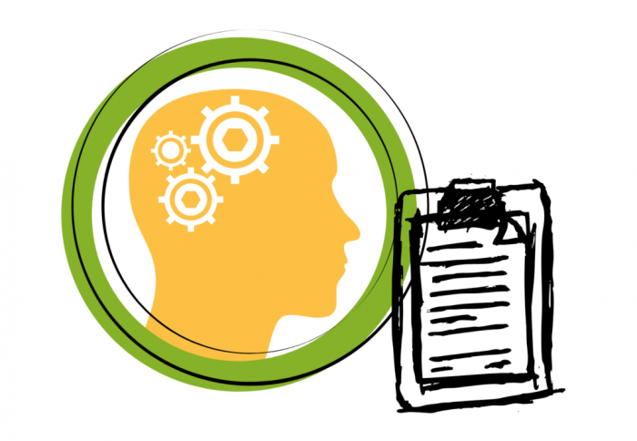 Outline of a human head with gears in the brain and a drawing on a clipboard.