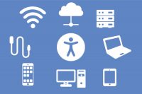 A set of icons arranged in a circle surrounding a human figure, representing a person enabled by technology