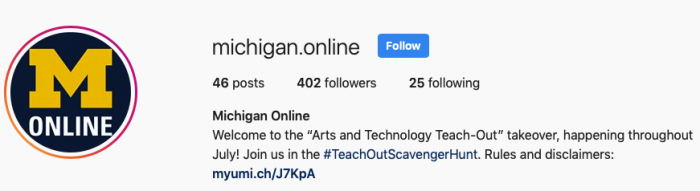 A screenshot of the top of the Michigan Online Instagram profile. The Michigan Online logo is at the left. The profile statistic are present: 46 posts, 402 followers, and 25 following.