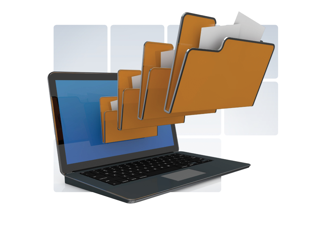 multiple file folders merging into a laptop screen