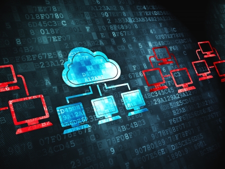 drawings of computers and cloud overlayed on a computr screen with code