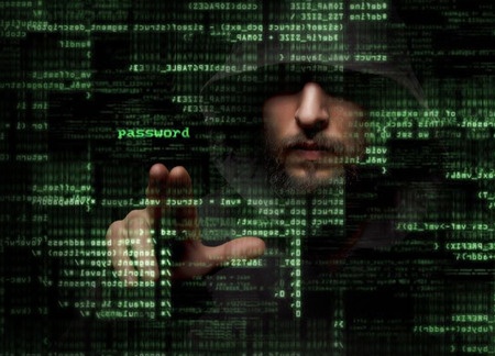 silhouette of a hacker using a command on graphic user interface