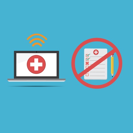 laptop with medical and wireless symbol next to paper and pencil with circle & line drawn through it