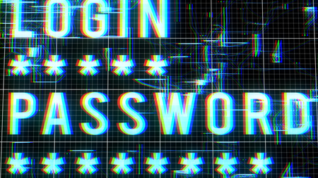 blurred white login password command with a lot of five corner asterisks and shimmering shapeless forms imposed on a blue network in a black background