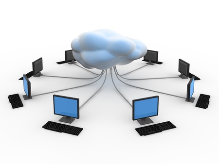 multiple computers in a circle with wires running into a cloud in the center