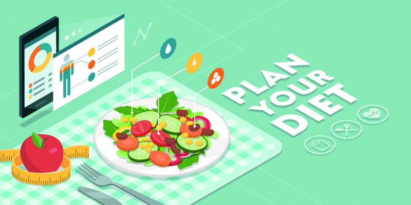 salad, apple and measuring tape with phone app and chart in BG, "Plan your diet"