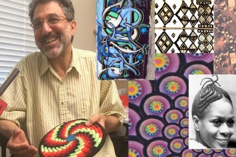 Ron Eglash in his office, alongside examples of fractals he's studied.