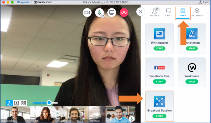 A BlueJeans moderator launches a Breakout Session from the Apps panel interface during a meeting