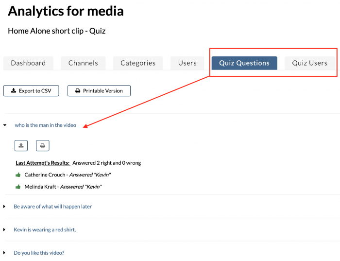 This image shows how to get analytics for quiz questions. 
