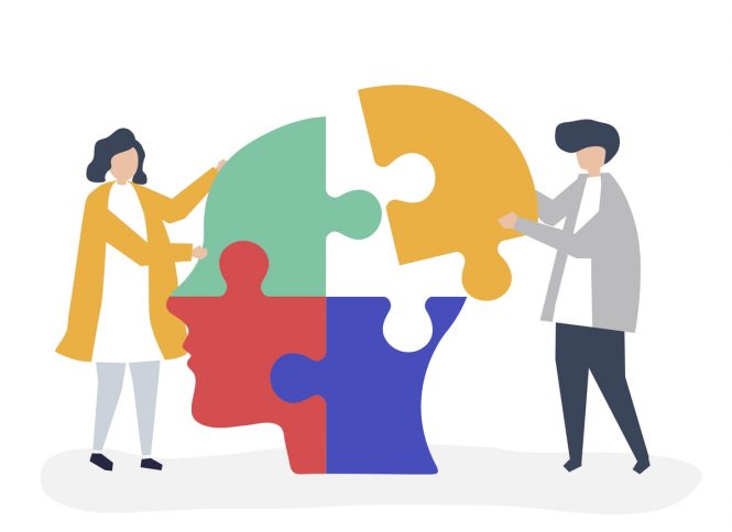 illustration of two people assembling a puzzle image of a person's head