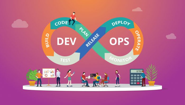 Programmers at work concept using devops software development practices - vector illustration