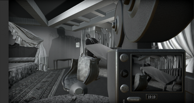A shot from behind an old fashioned camera on the set of the Orson Well's movie Citizen Kane.