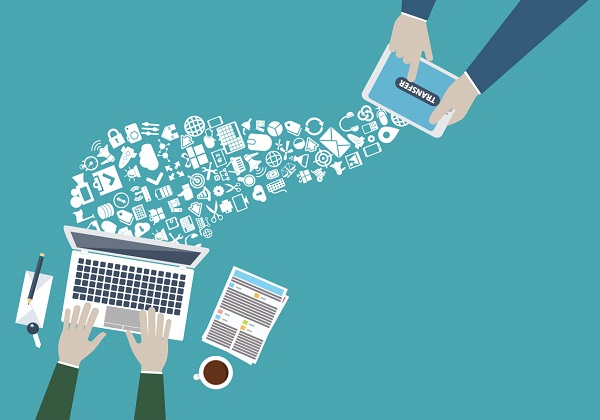 illustration of data being transferred from a tablet to a laptop