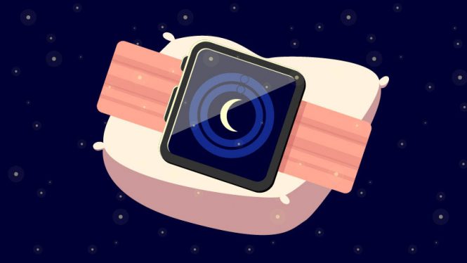 A drawing of an Apple Watch wrapped around a drawing of a pillow against a night sky.