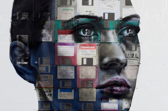 woman's face superimposed with images of floppy disks.