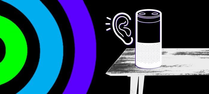 Sound waves and ear next to a table with home device.