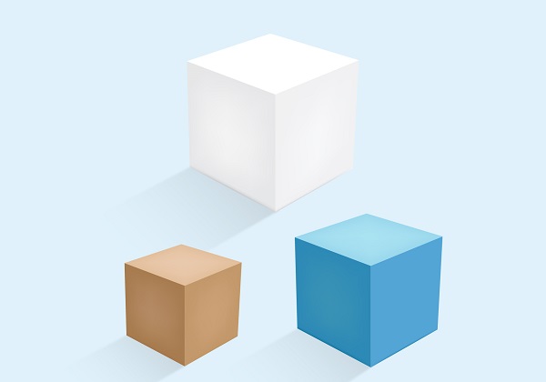 three cubes, white, brown & blue