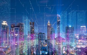 city skyline with overlay of data grid