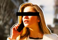 Young blonde woman with black box over eyes talking on smartphone