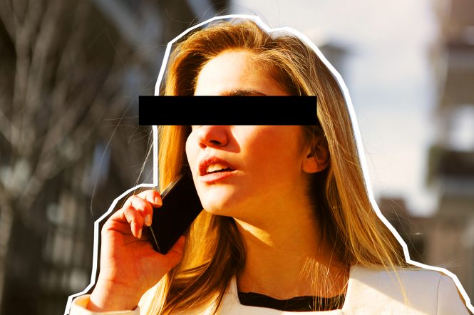 Young blonde woman with black box over eyes talking on smartphone