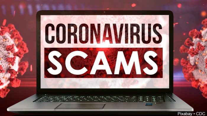 laptop screen that says: Coronavirus scams