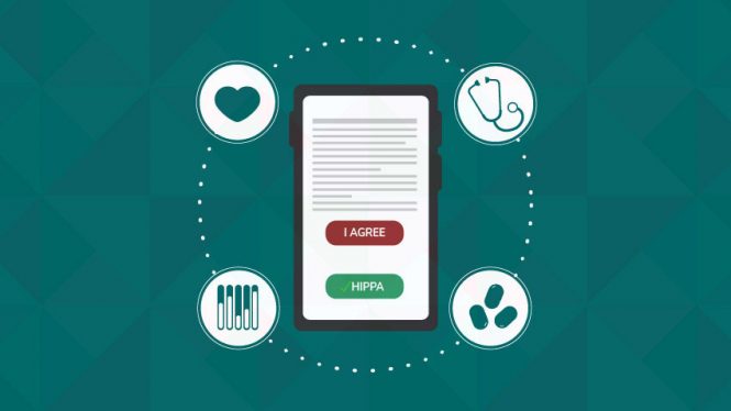 cell phone with "I Agree" & "HIPPA" buttons surrounded by health related icons.