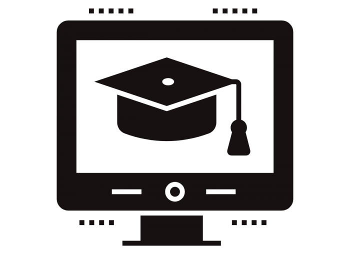 BW illustration of monitor with graduation cap