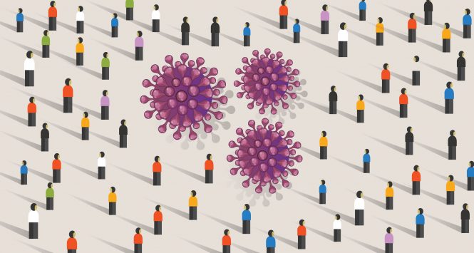 crowd of tiny people around several viruses
