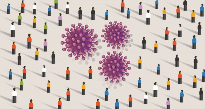 crowd of tiny people around several viruses