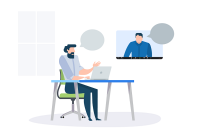 illustration of man at desk teleconferencing with another man