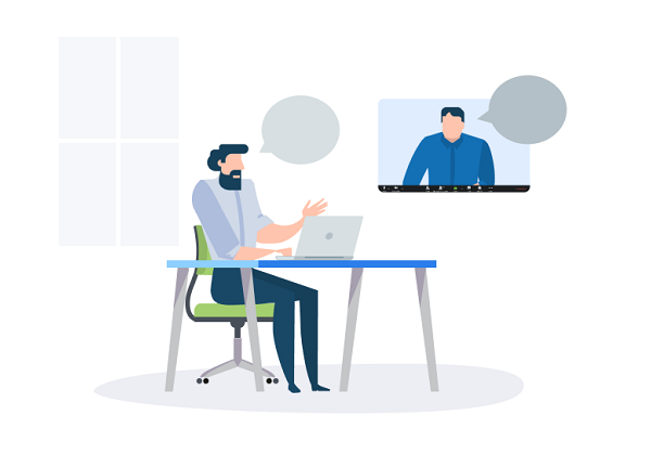 illustration of man at desk teleconferencing with another man