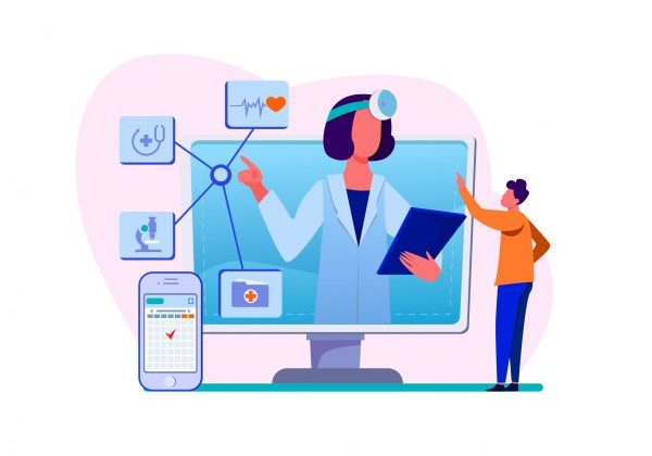 Online medical assistance vector illustration. Man using smartphone app for consulting doctor. Male patient chatting with practitioner on internet