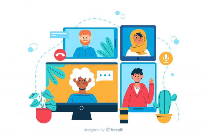 illustration of four people videoconferencing on various devices